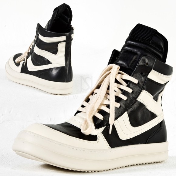 Rick Owens Black and White High-Top Sneakers - Picture 1 of 11